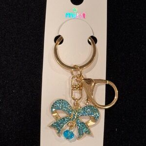 BAG CHARM MINT Blue Crystal Bow with Dangling Crystal Gold Tone Keychain